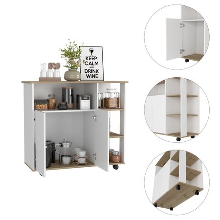 Tuhome Paprika Kitchen Cart, Four Casters, Four Open Shelves, Double Door Cabinet, Light Oak/White MDB7166